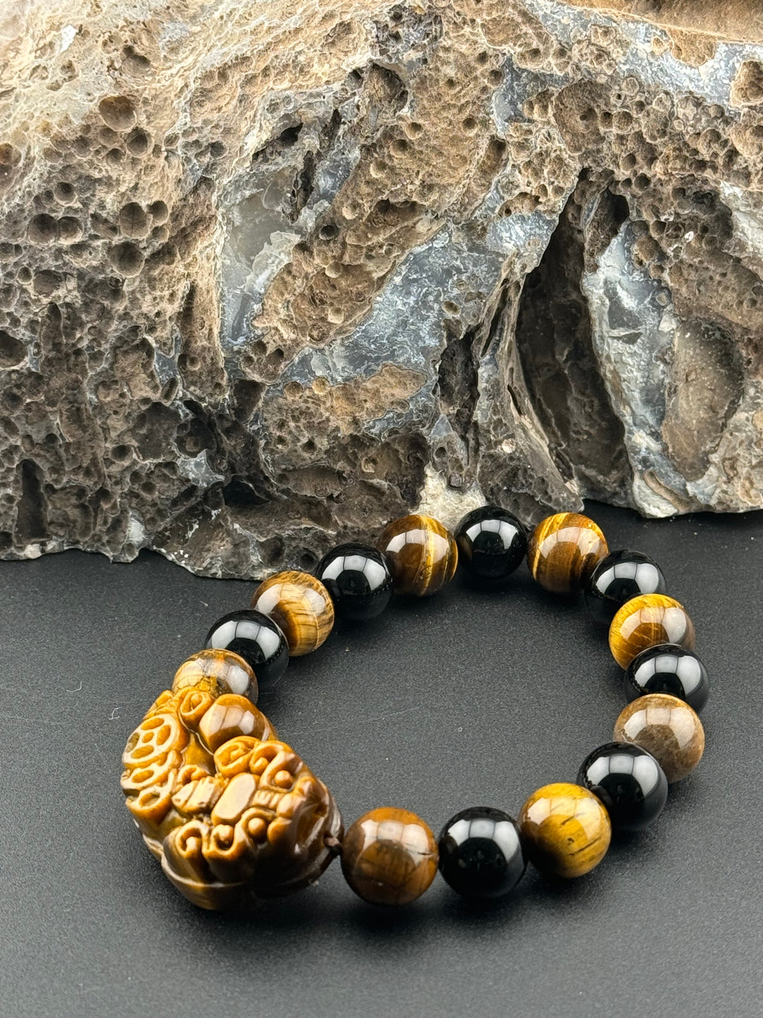 Wealth , Prosperity, & Protection Bracelet - Tiger's Eye Pixiu with Black Agate