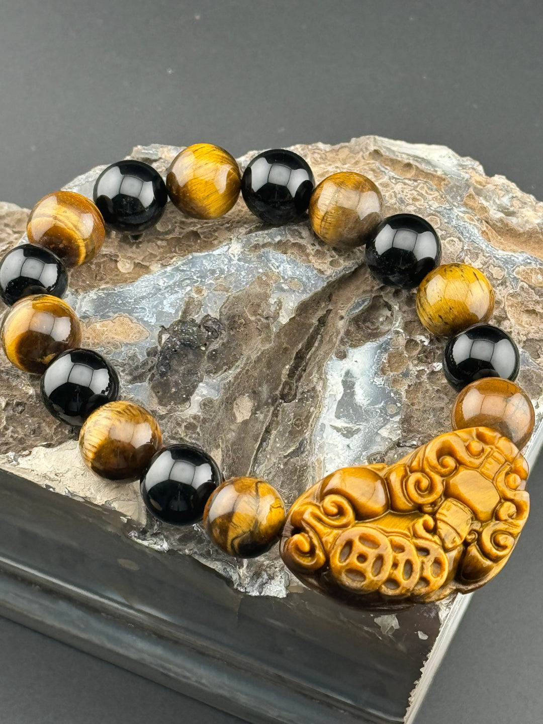 Wealth , Prosperity, & Protection Bracelet - Tiger's Eye Pixiu with Black Agate