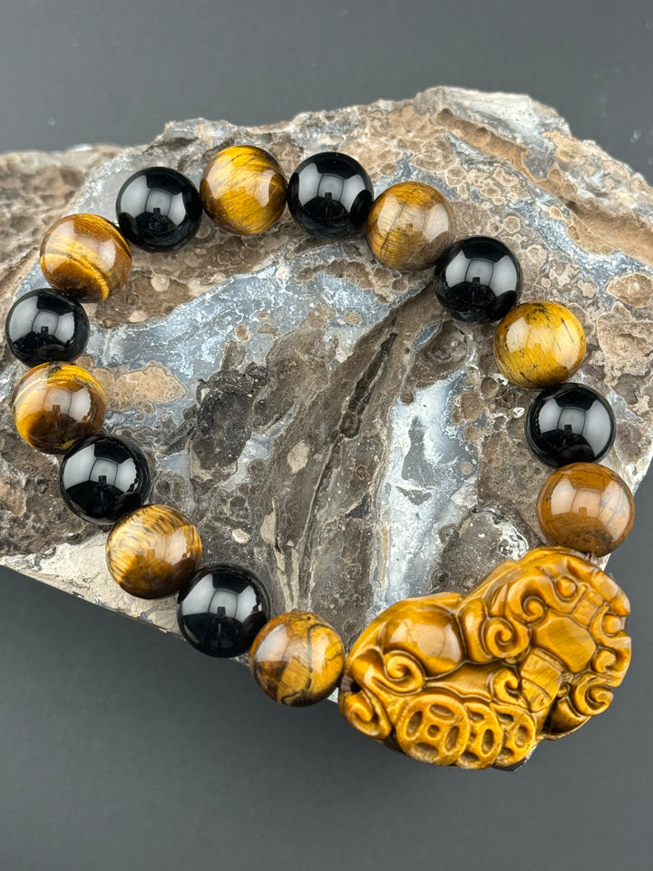 Wealth , Prosperity, & Protection Bracelet - Tiger's Eye Pixiu with Black Agate