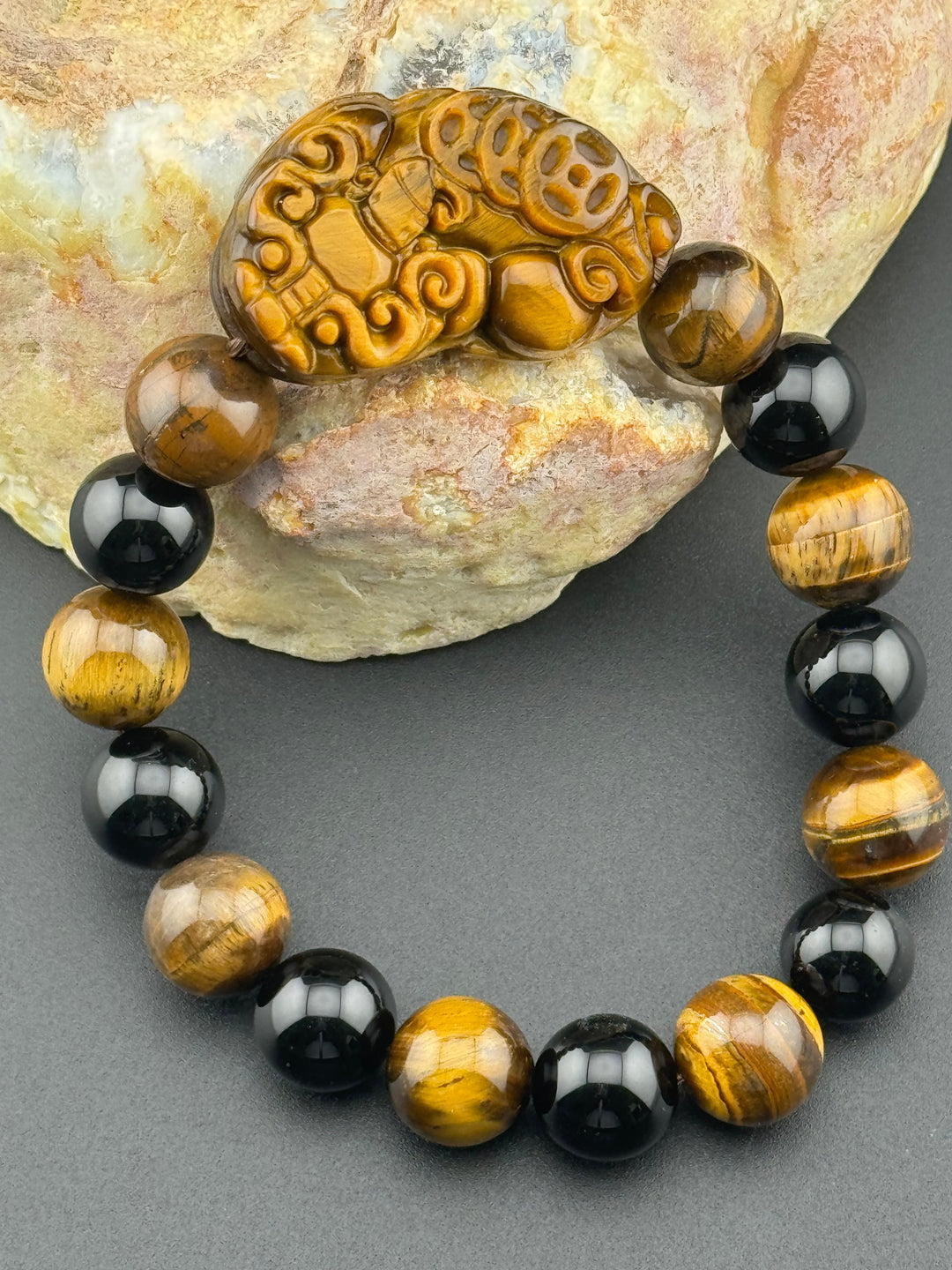 Wealth , Prosperity, & Protection Bracelet - Tiger's Eye Pixiu with Black Agate