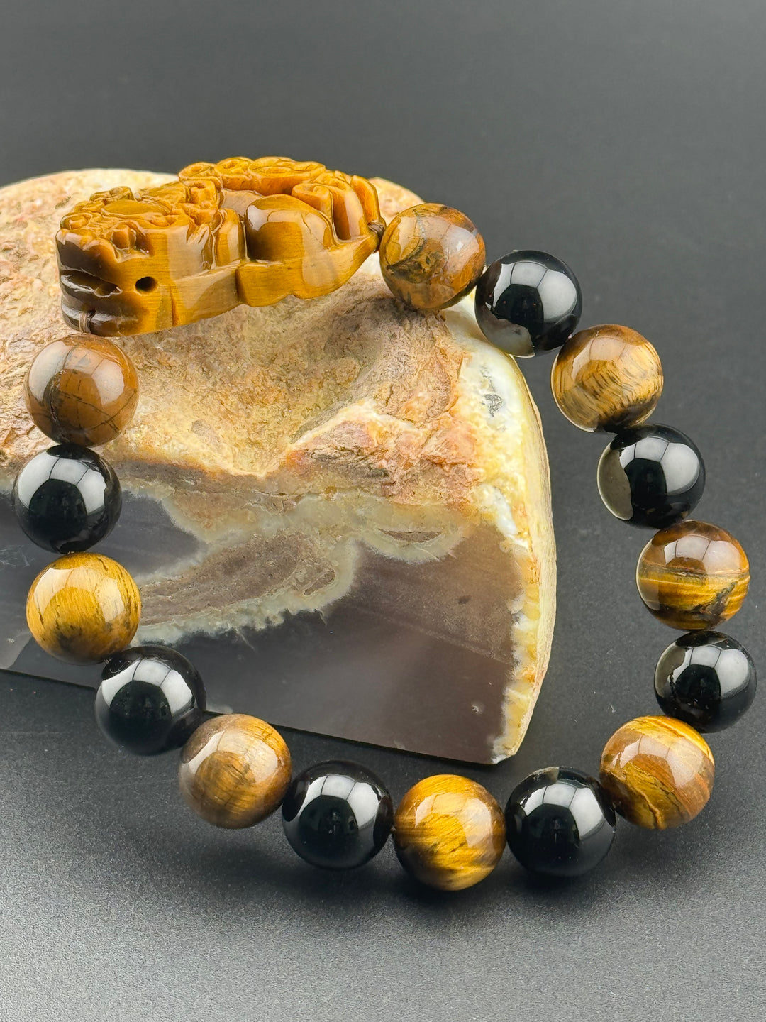 Wealth , Prosperity, & Protection Bracelet - Tiger's Eye Pixiu with Black Agate