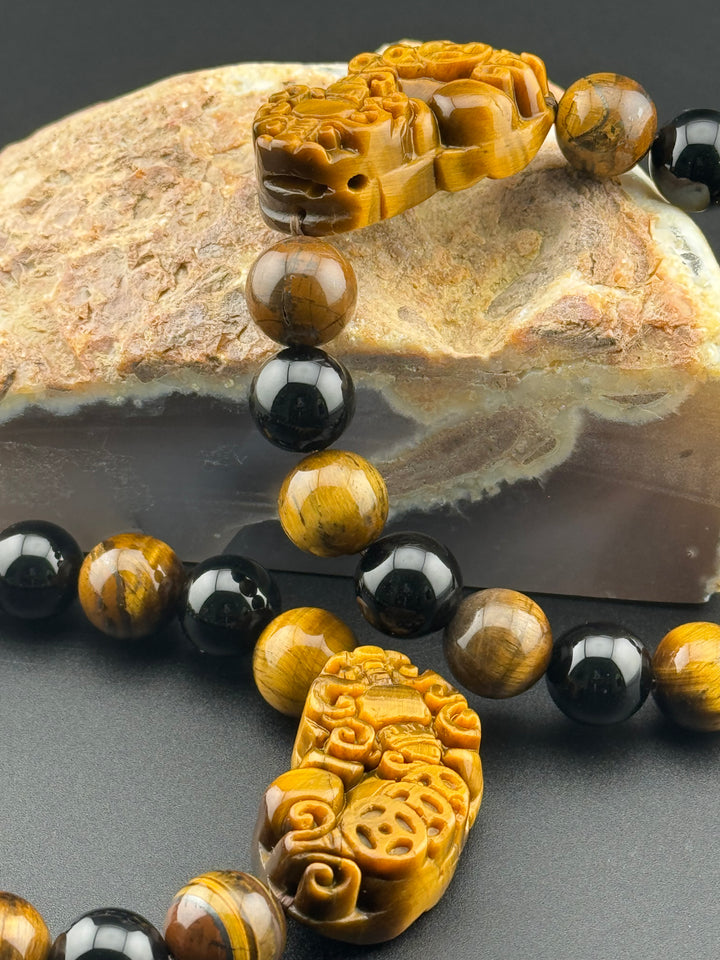 Wealth , Prosperity, & Protection Bracelet - Tiger's Eye Pixiu with Black Agate