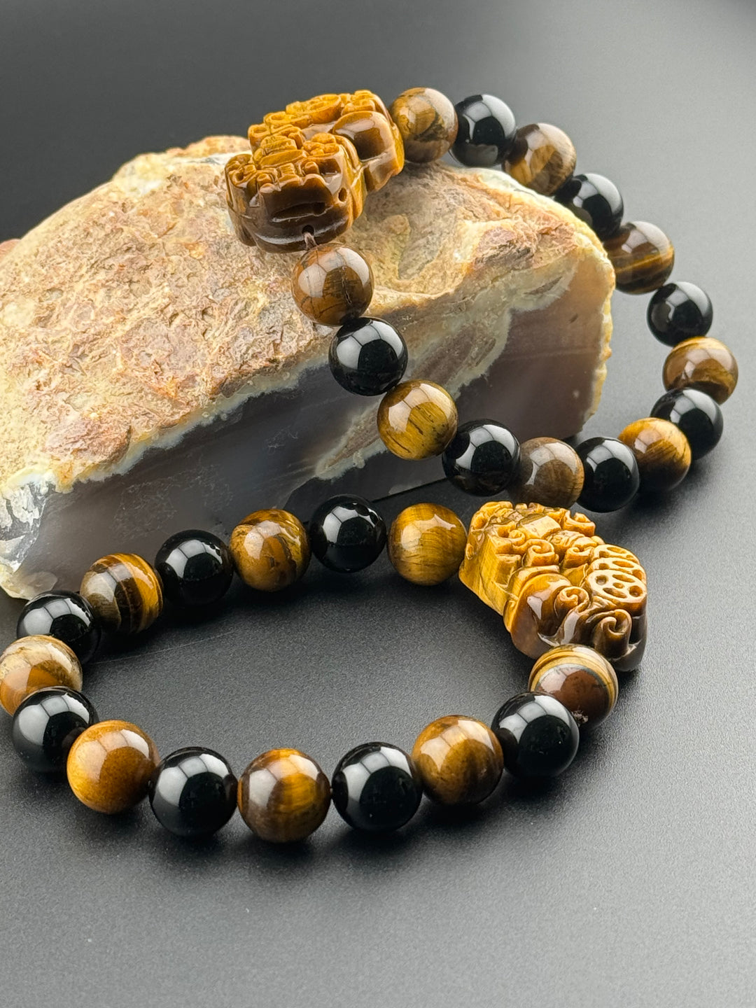 Wealth , Prosperity, & Protection Bracelet - Tiger's Eye Pixiu with Black Agate