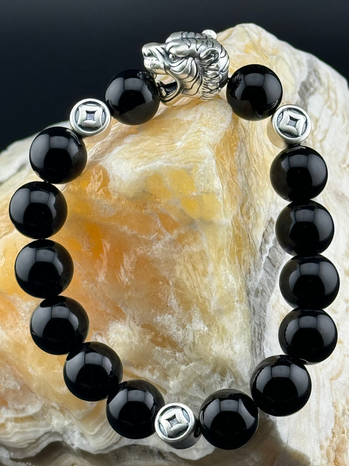 Tiger's Strength - Large Sterling Silver Bracelet with 12mm Natural Beads