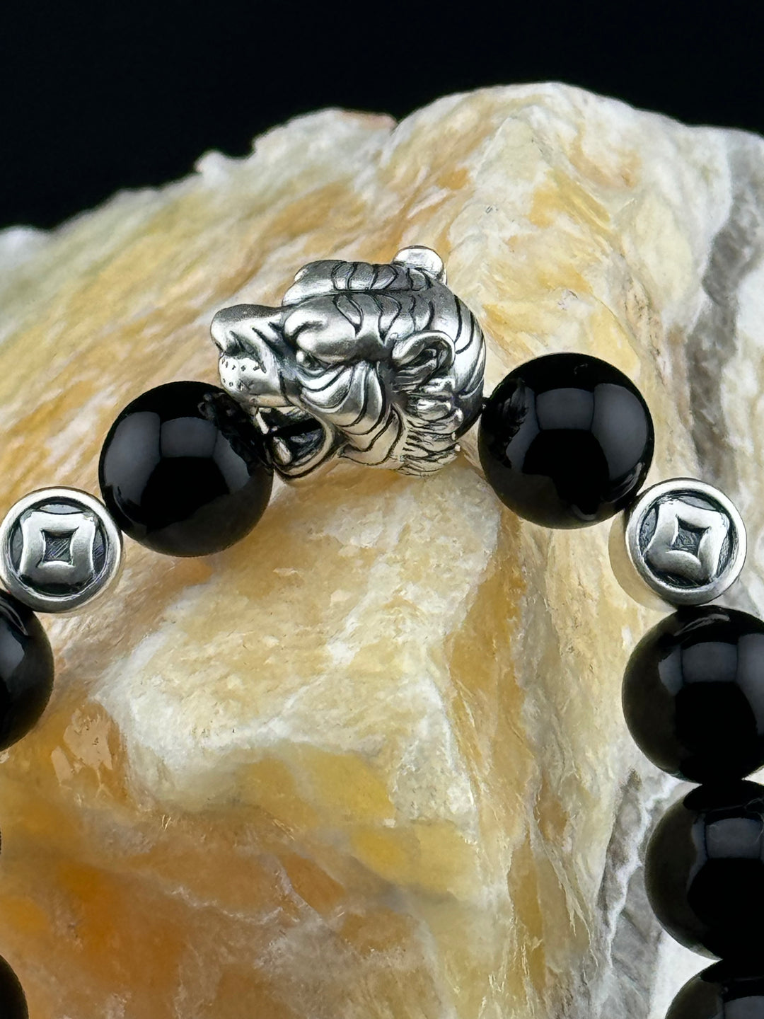 Tiger's Strength - Large Sterling Silver Bracelet with 12mm Natural Beads