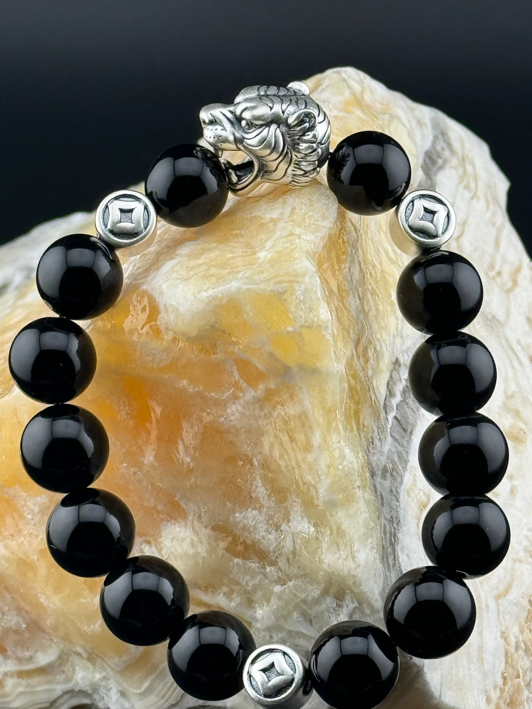 Tiger's Strength - Large Sterling Silver Bracelet with 12mm Natural Beads