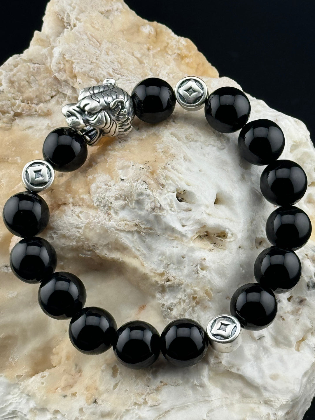 Tiger's Strength - Large Sterling Silver Bracelet with 12mm Natural Beads