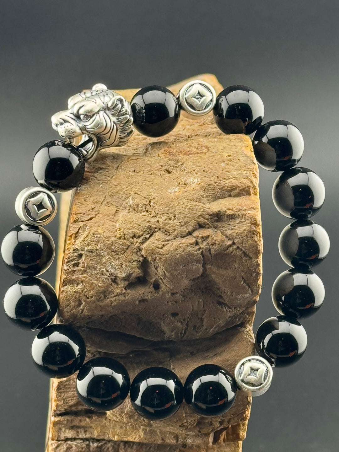 Tiger's Strength - Large Sterling Silver Bracelet with 12mm Natural Beads