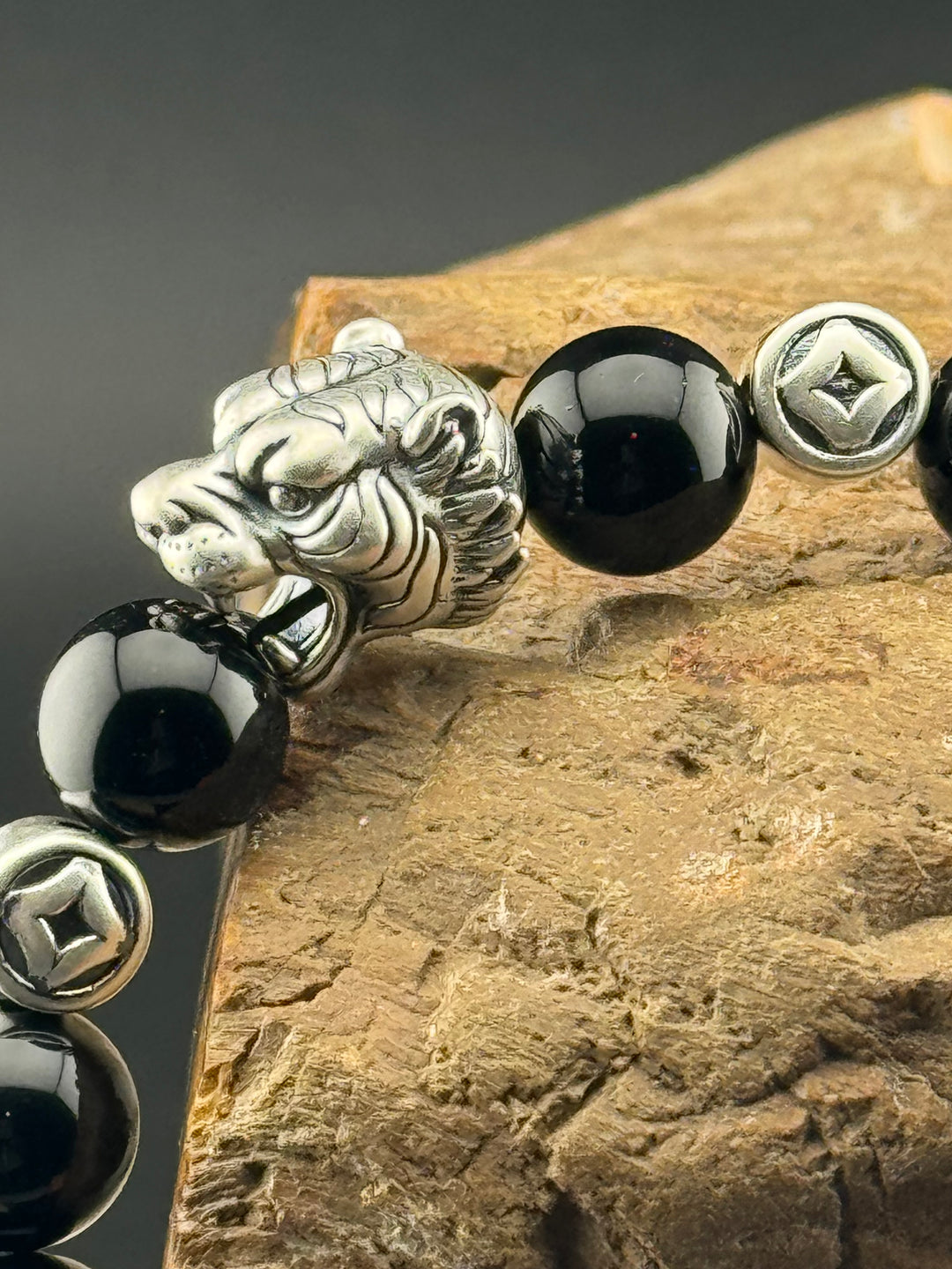 Tiger's Strength - Large Sterling Silver Bracelet with 12mm Natural Beads