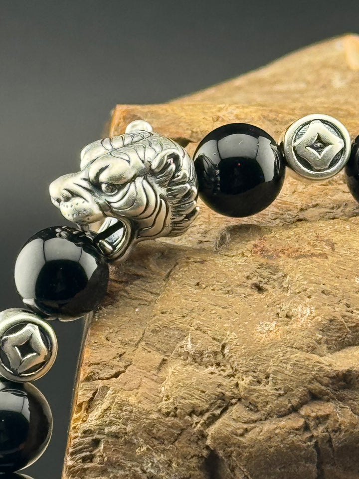 Tiger's Strength - Large Sterling Silver Bracelet with 12mm Natural Beads