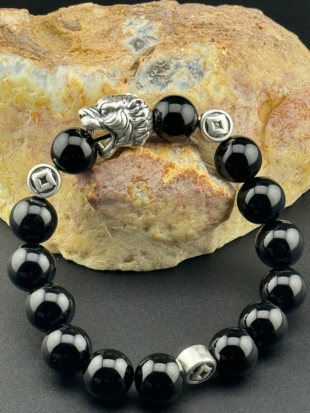 Tiger's Strength - Large Sterling Silver Bracelet with 12mm Natural Beads