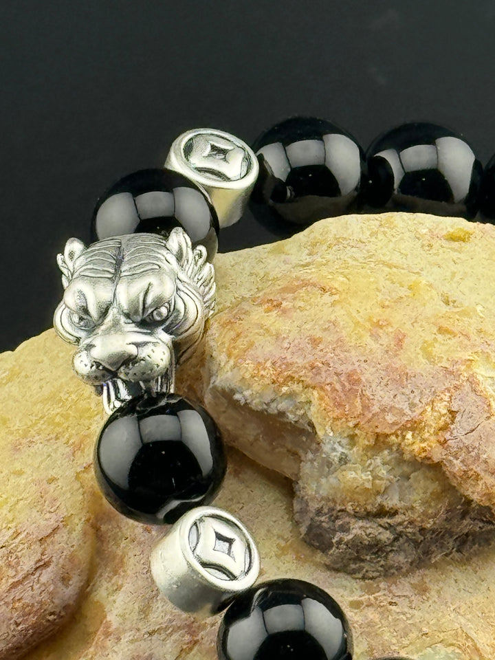 Tiger's Strength - Large Sterling Silver Bracelet with 12mm Natural Beads