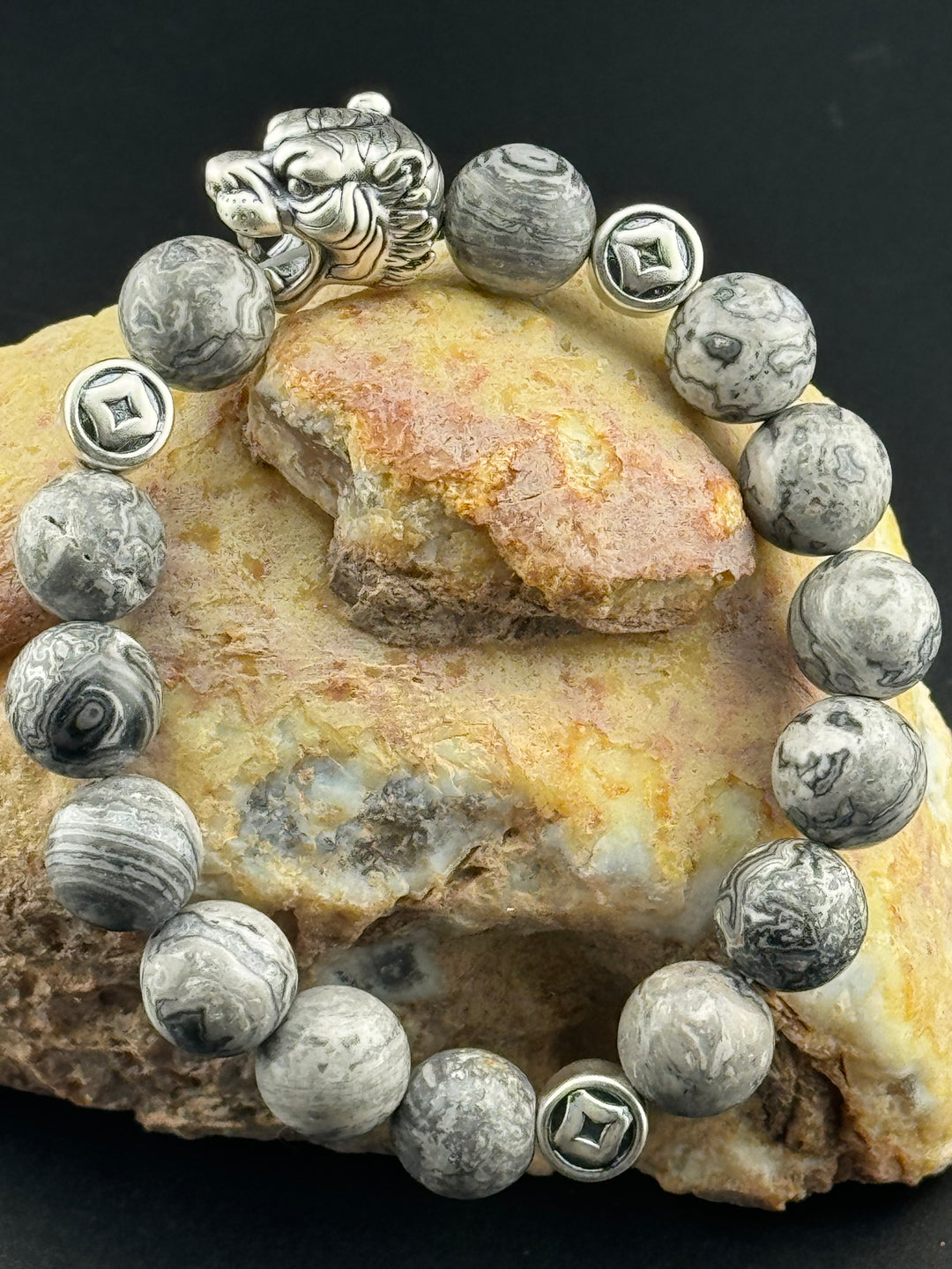 Tiger's Strength - Large Sterling Silver Bracelet with 12mm Natural Beads