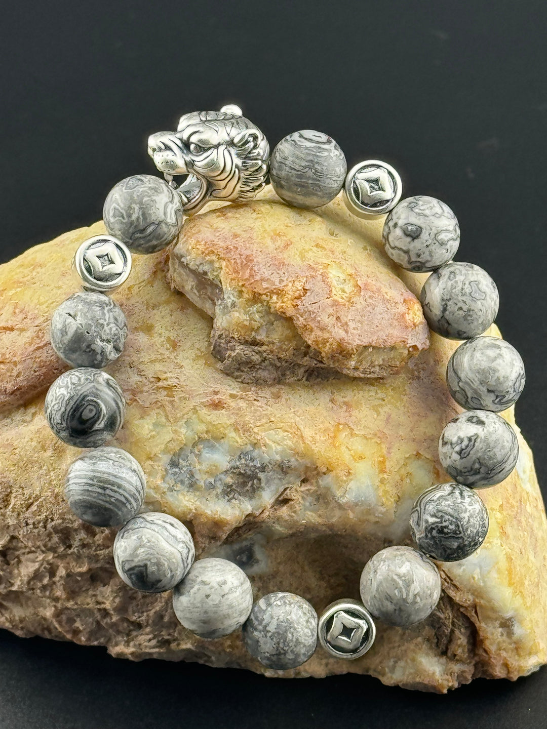 Tiger's Strength - Large Sterling Silver Bracelet with 12mm Natural Beads