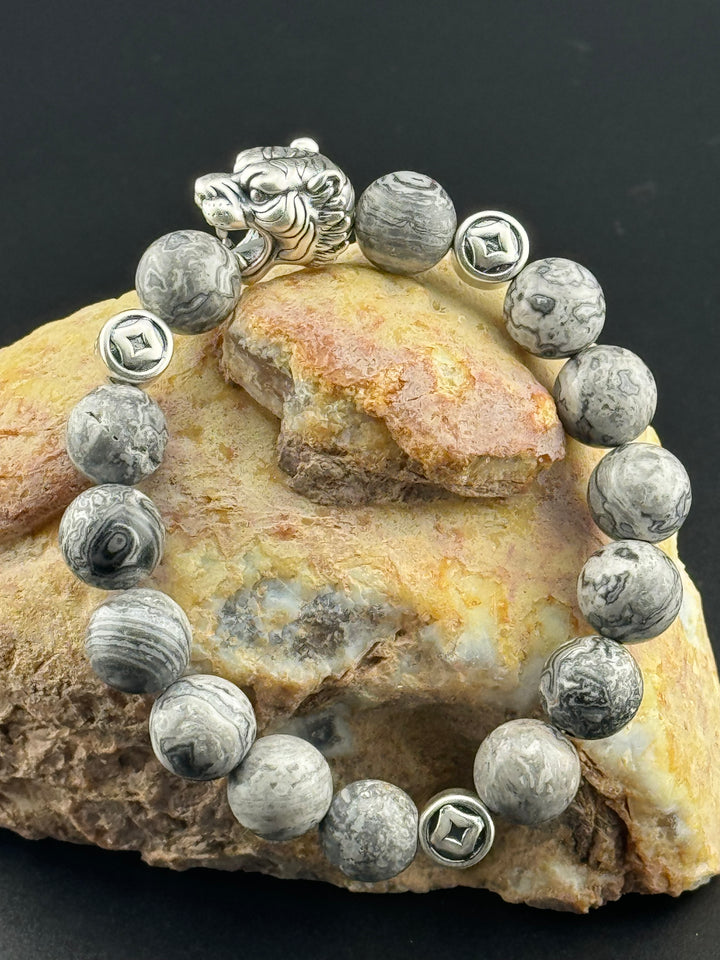 Tiger's Strength - Large Sterling Silver Bracelet with 12mm Natural Beads