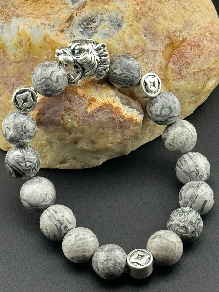 Tiger's Strength - Large Sterling Silver Bracelet with 12mm Natural Beads