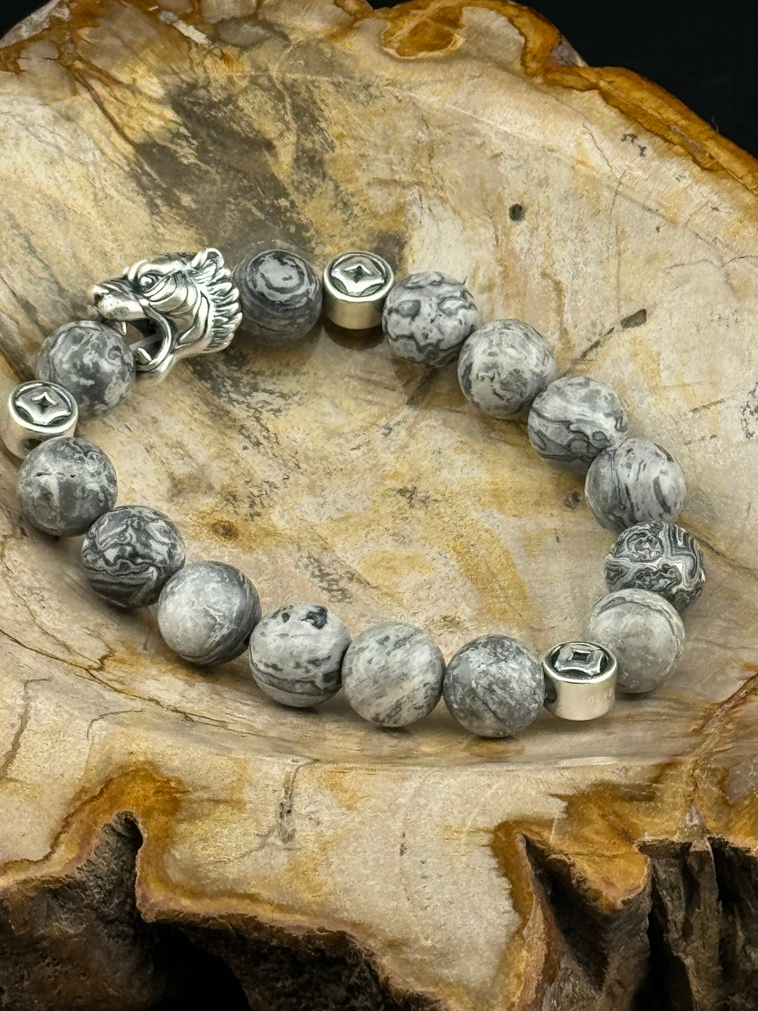 Tiger's Strength - Large Sterling Silver Bracelet with 12mm Natural Beads