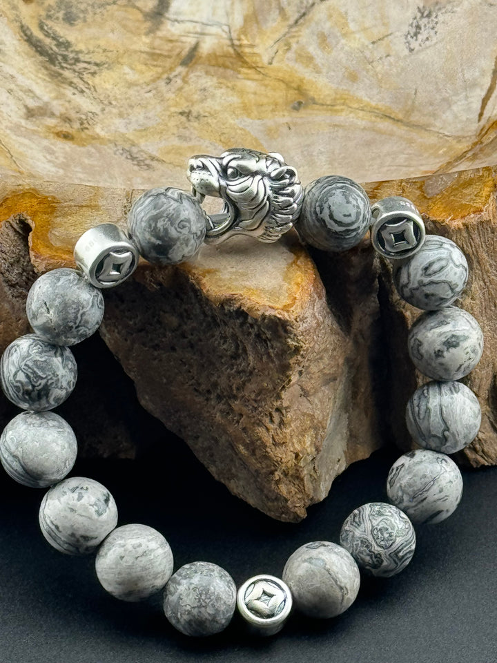 Tiger's Strength - Large Sterling Silver Bracelet with 12mm Natural Beads