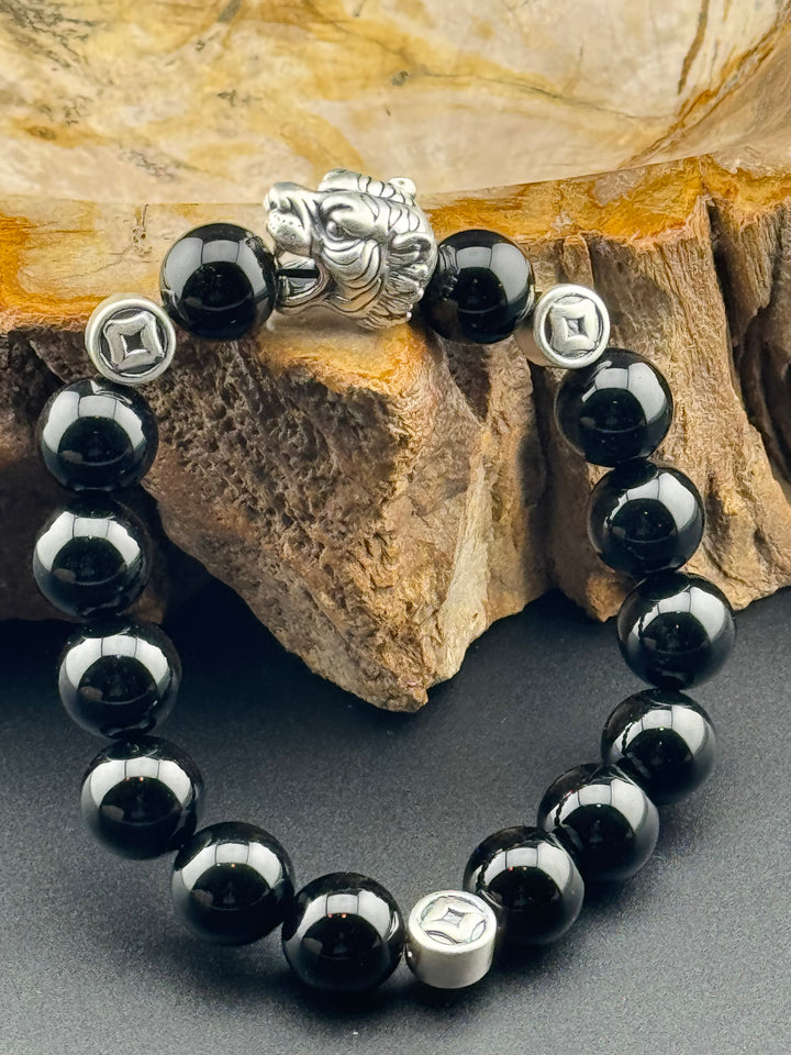 Tiger's Strength - Large Sterling Silver Bracelet with 12mm Natural Beads