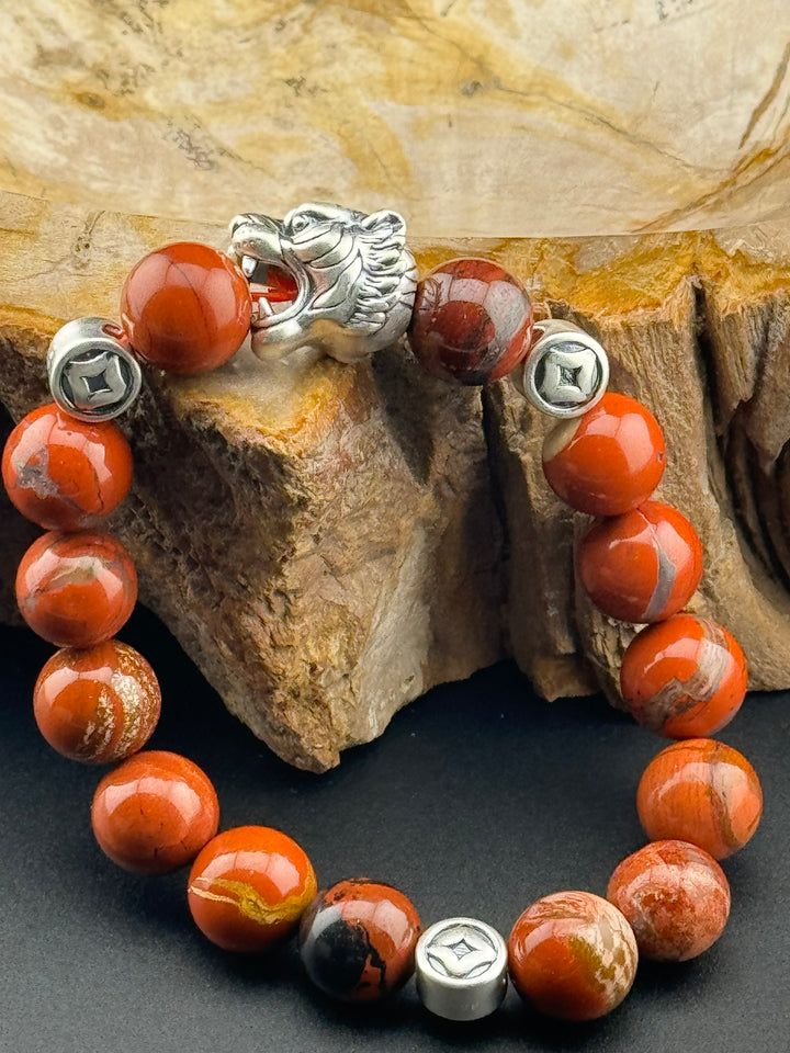 Tiger's Strength - Large Sterling Silver Bracelet with 12mm Natural Beads