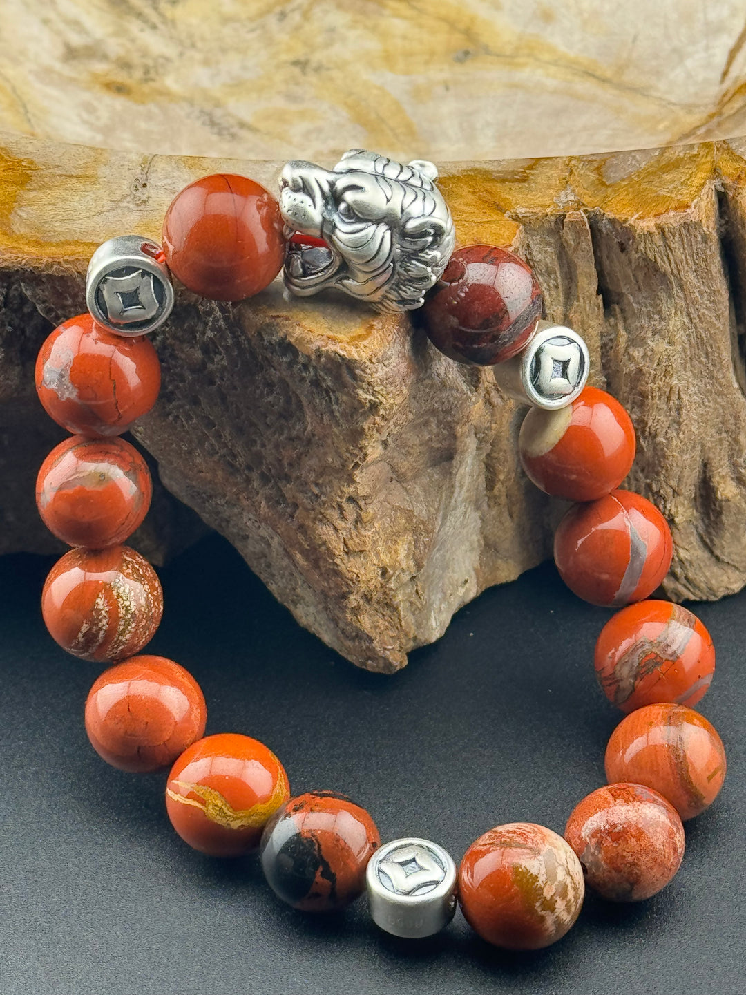 Tiger's Strength - Large Sterling Silver Bracelet with 12mm Natural Beads