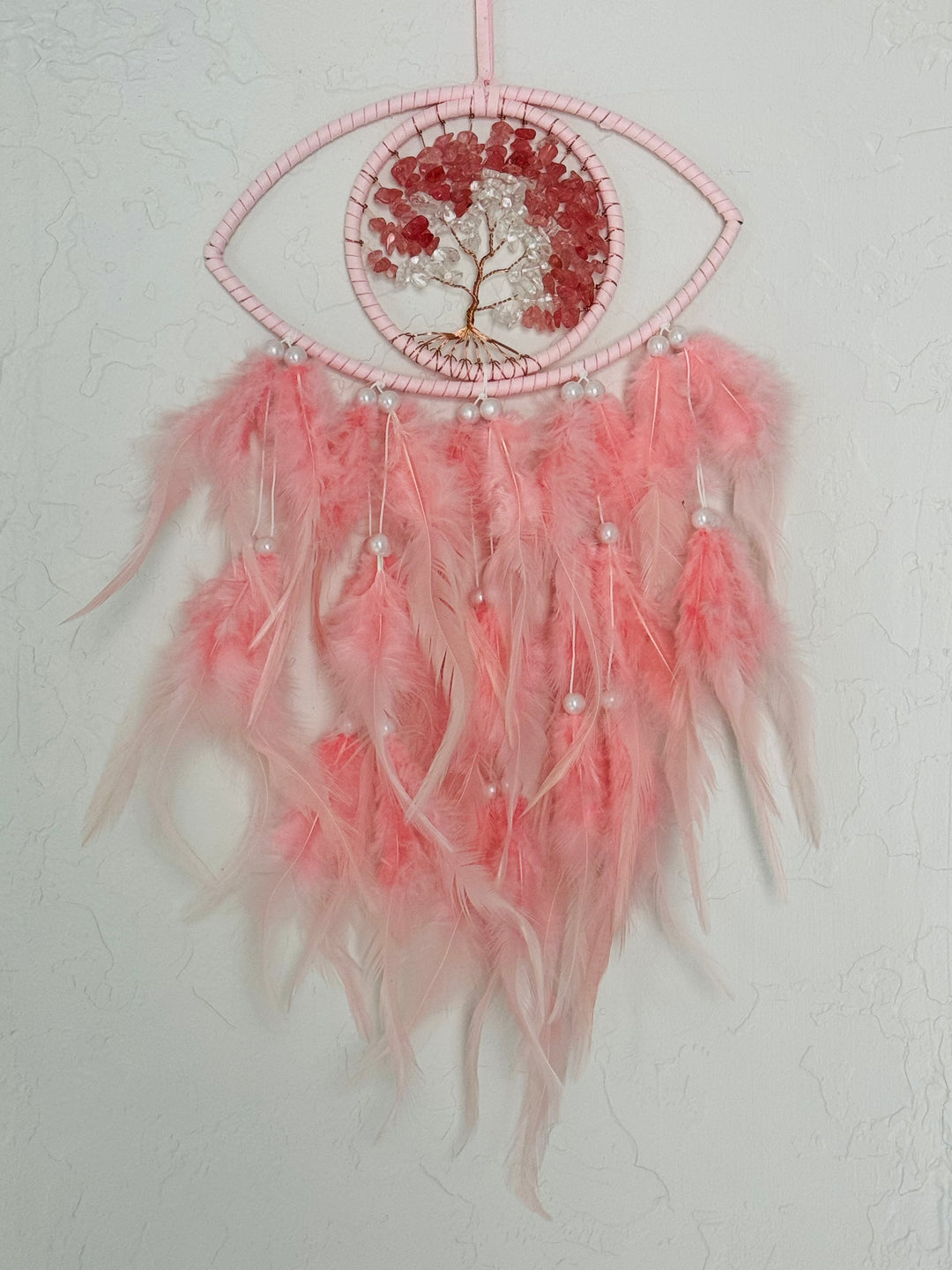 Mystic Harmony - Pink Feathered Evil Eye Crystal Tree of Life Dream Catcher with LED Light