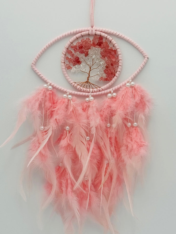 Mystic Harmony - Pink Feathered Evil Eye Crystal Tree of Life Dream Catcher with LED Light