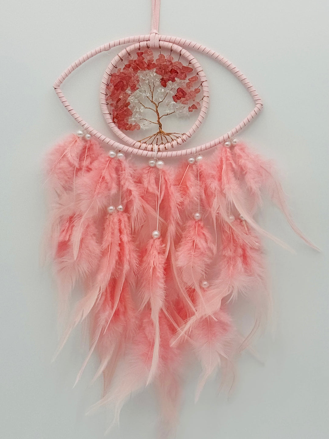 Mystic Harmony - Pink Feathered Evil Eye Crystal Tree of Life Dream Catcher with LED Light