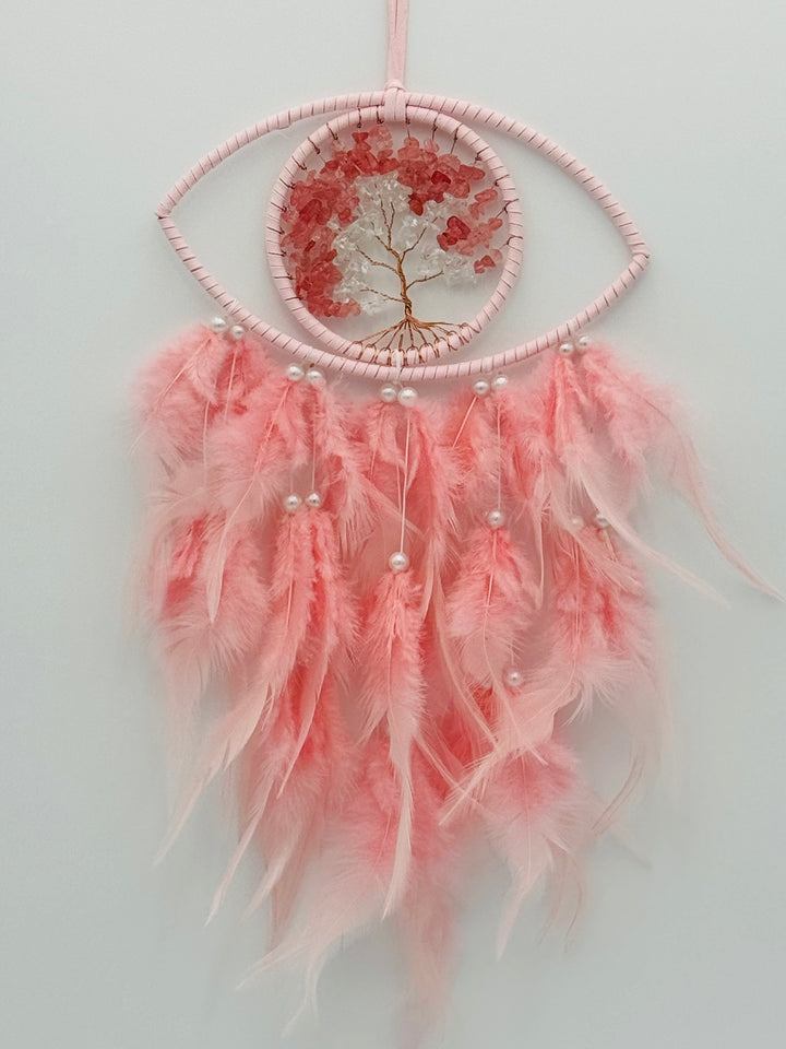 Mystic Harmony - Pink Feathered Evil Eye Crystal Tree of Life Dream Catcher with LED Light