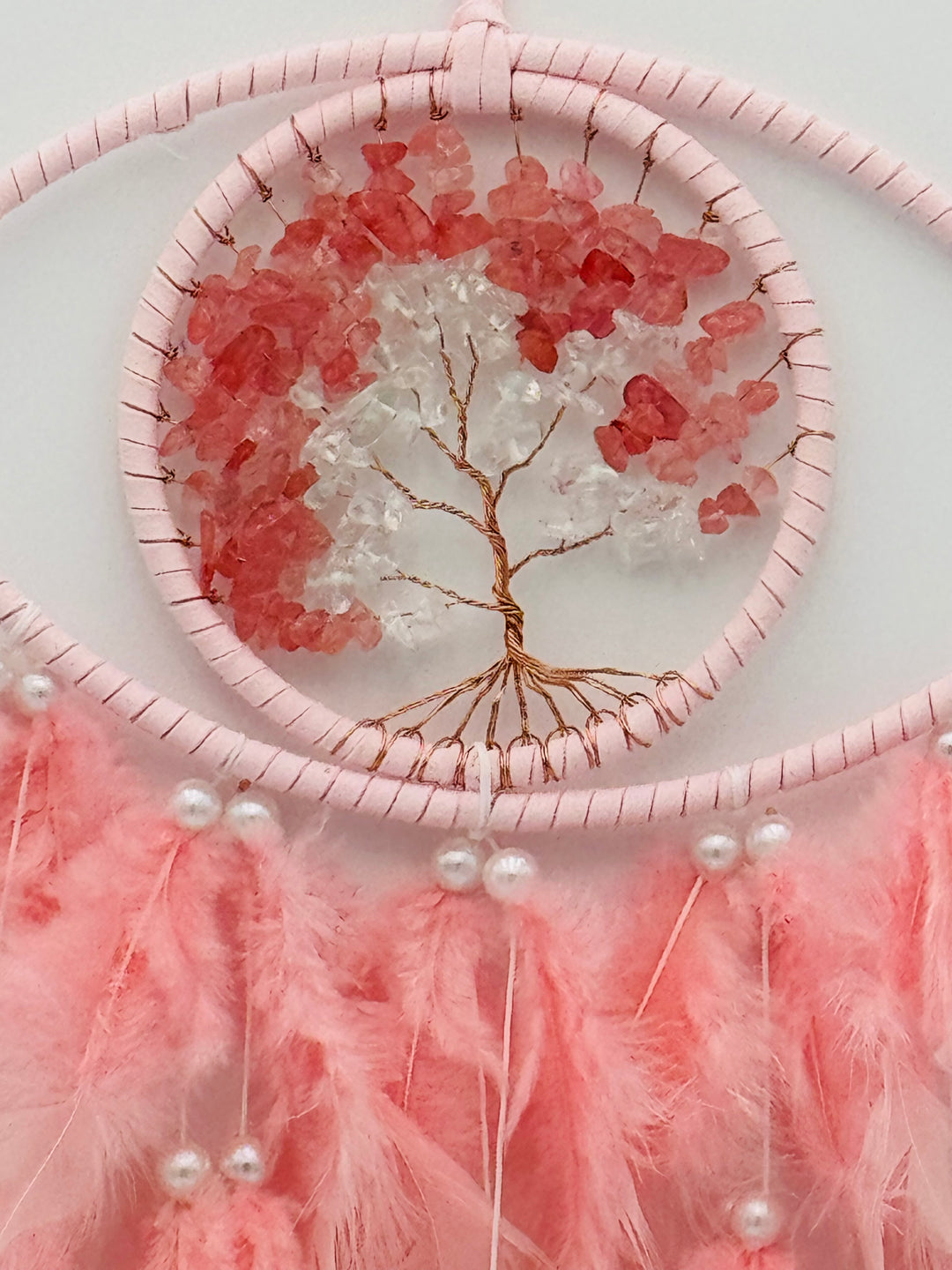 Mystic Harmony - Pink Feathered Evil Eye Crystal Tree of Life Dream Catcher with LED Light