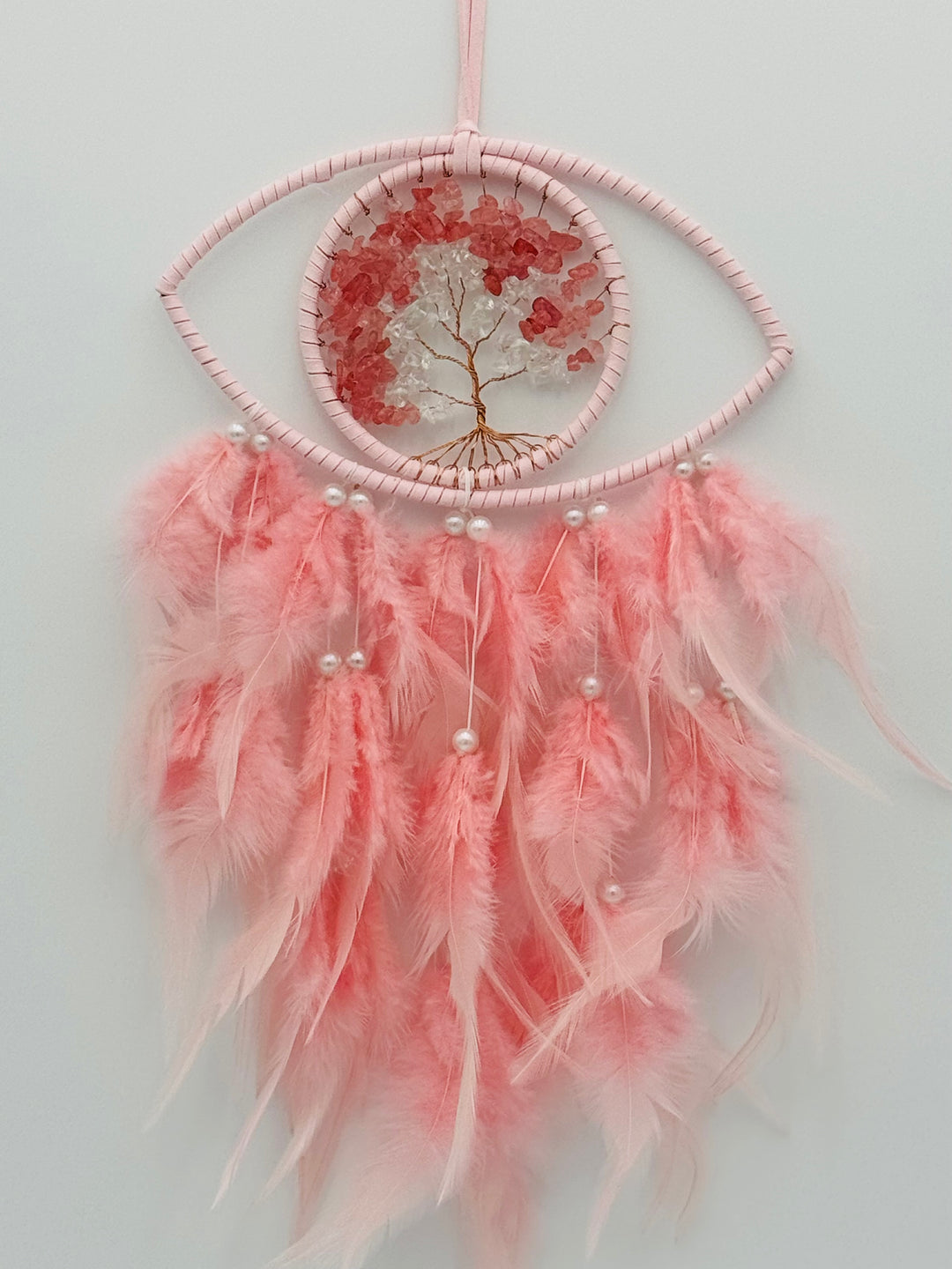 Mystic Harmony - Pink Feathered Evil Eye Crystal Tree of Life Dream Catcher with LED Light