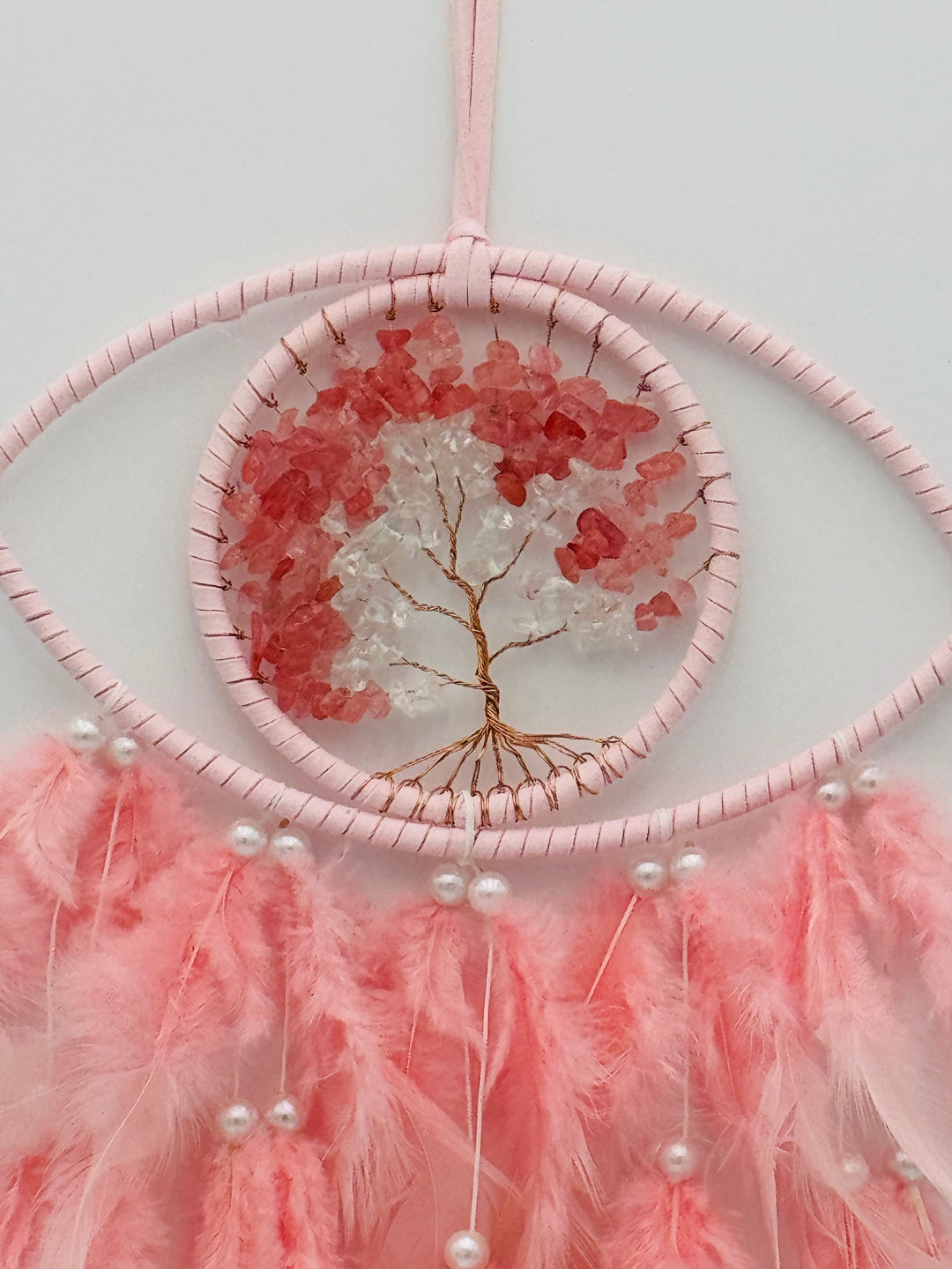 Mystic Harmony - Pink Feathered Evil Eye Crystal Tree of Life Dream Catcher with LED Light