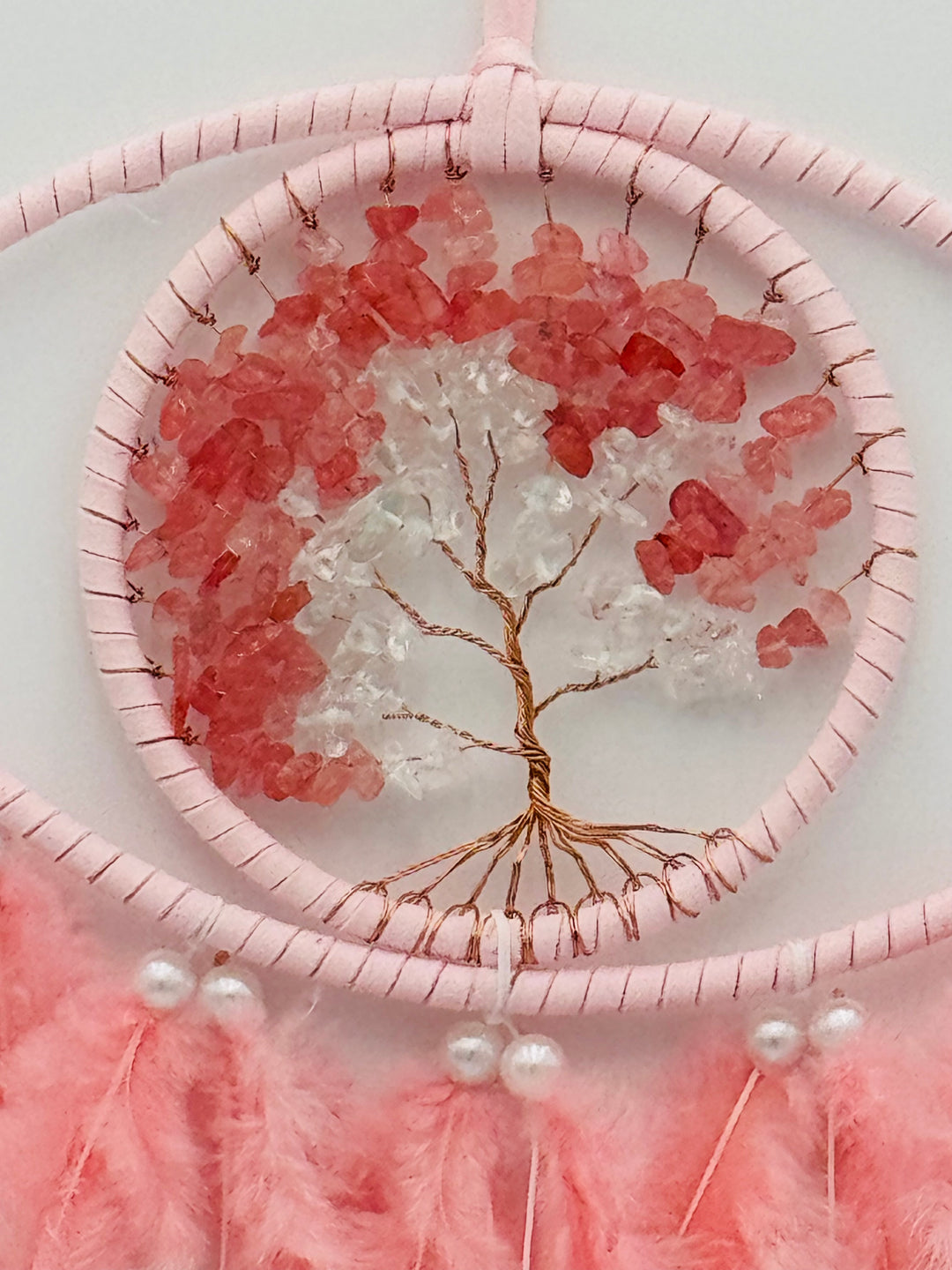 Mystic Harmony - Pink Feathered Evil Eye Crystal Tree of Life Dream Catcher with LED Light