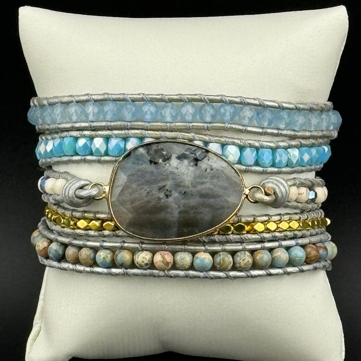 Bohemian Labradorite 5-Layer Leather Wrap Around Bracelet