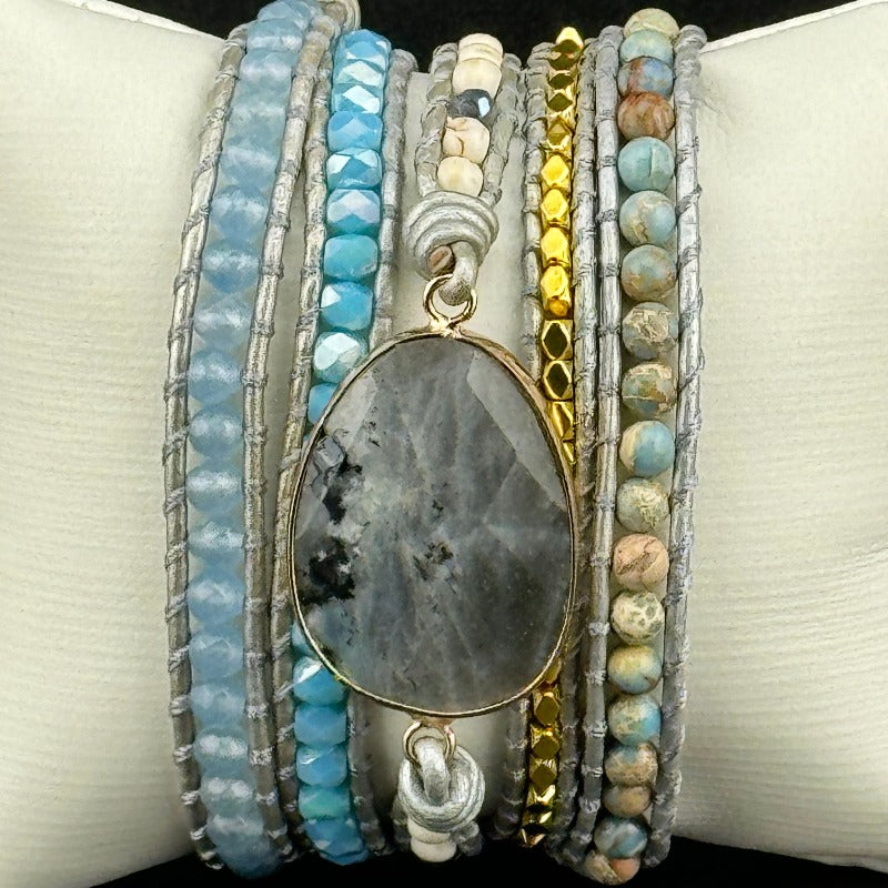 Bohemian Labradorite 5-Layer Leather Wrap Around Bracelet