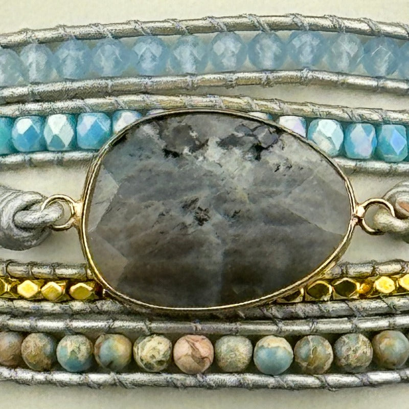 Bohemian Labradorite 5-Layer Leather Wrap Around Bracelet