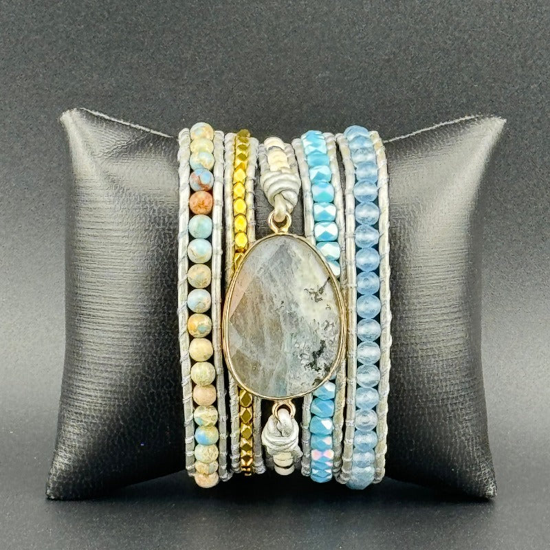 Bohemian Labradorite 5-Layer Leather Wrap Around Bracelet