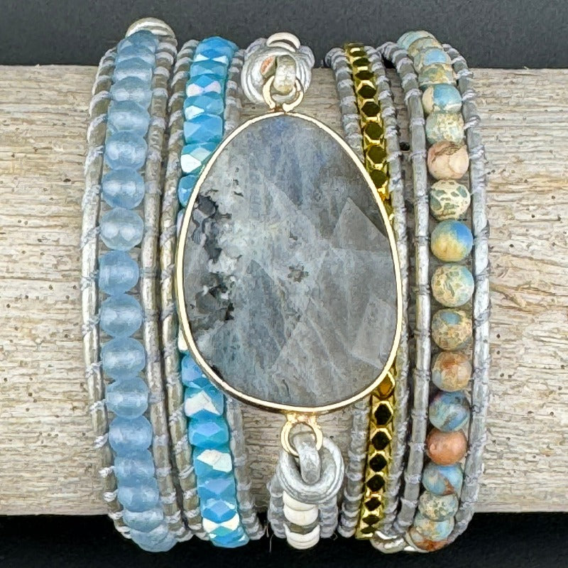 Bohemian Labradorite 5-Layer Leather Wrap Around Bracelet