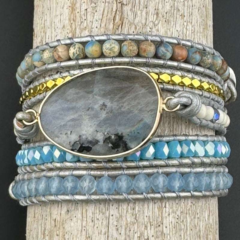 Bohemian Labradorite 5-Layer Leather Wrap Around Bracelet