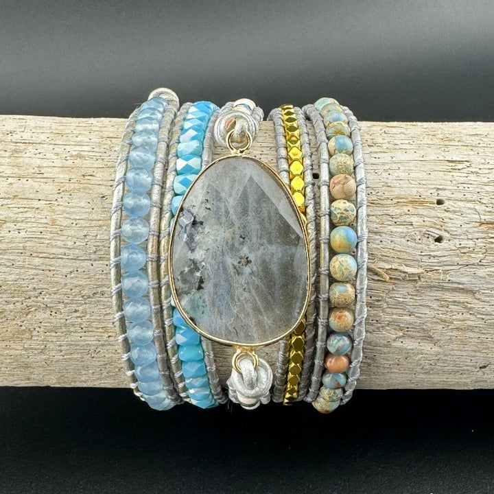 Bohemian Labradorite 5-Layer Leather Wrap Around Bracelet