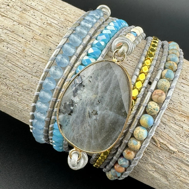 Bohemian Labradorite 5-Layer Leather Wrap Around Bracelet