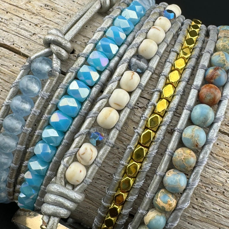 Bohemian Labradorite 5-Layer Leather Wrap Around Bracelet