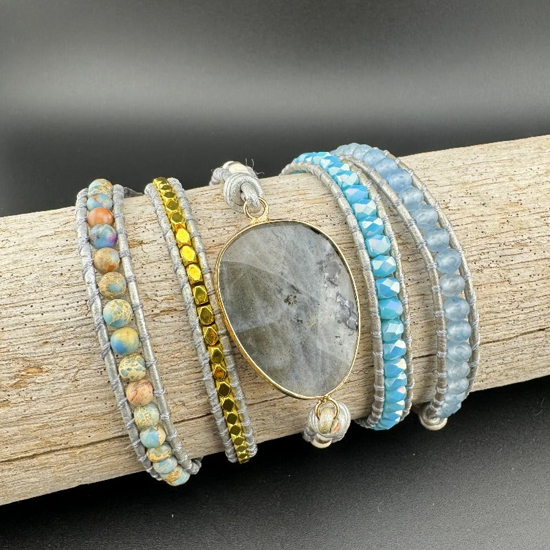 Bohemian Labradorite 5-Layer Leather Wrap Around Bracelet