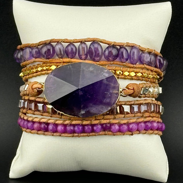 Bohemian Amethyst 5-Layer Leather Wrap Around Bracelet (AHG)