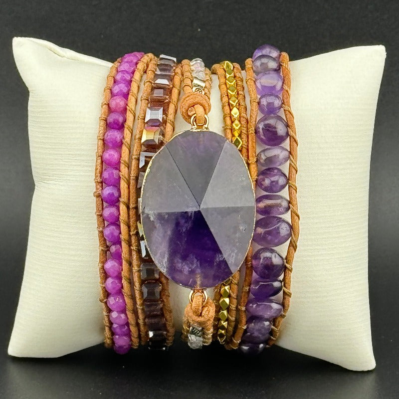 Bohemian Amethyst 5-Layer Leather Wrap Around Bracelet (AHG)