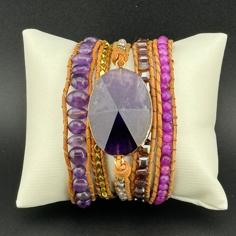 Bohemian Amethyst 5-Layer Leather Wrap Around Bracelet (AHG)