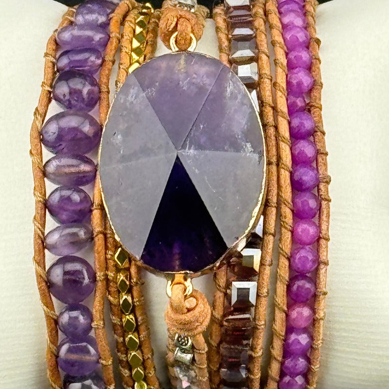 Bohemian Amethyst 5-Layer Leather Wrap Around Bracelet (AHG)