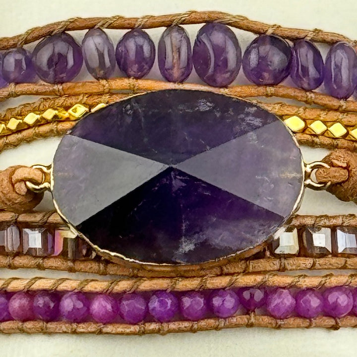 Bohemian Amethyst 5-Layer Leather Wrap Around Bracelet (AHG)