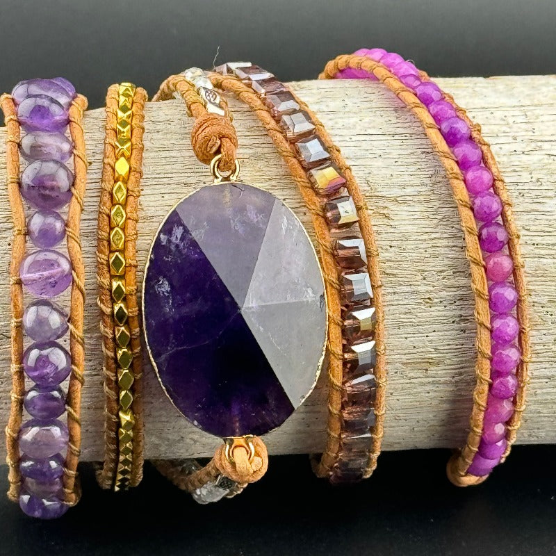 Bohemian Amethyst 5-Layer Leather Wrap Around Bracelet (AHG)