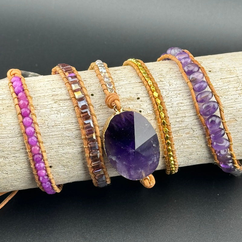 Bohemian Amethyst 5-Layer Leather Wrap Around Bracelet (AHG)